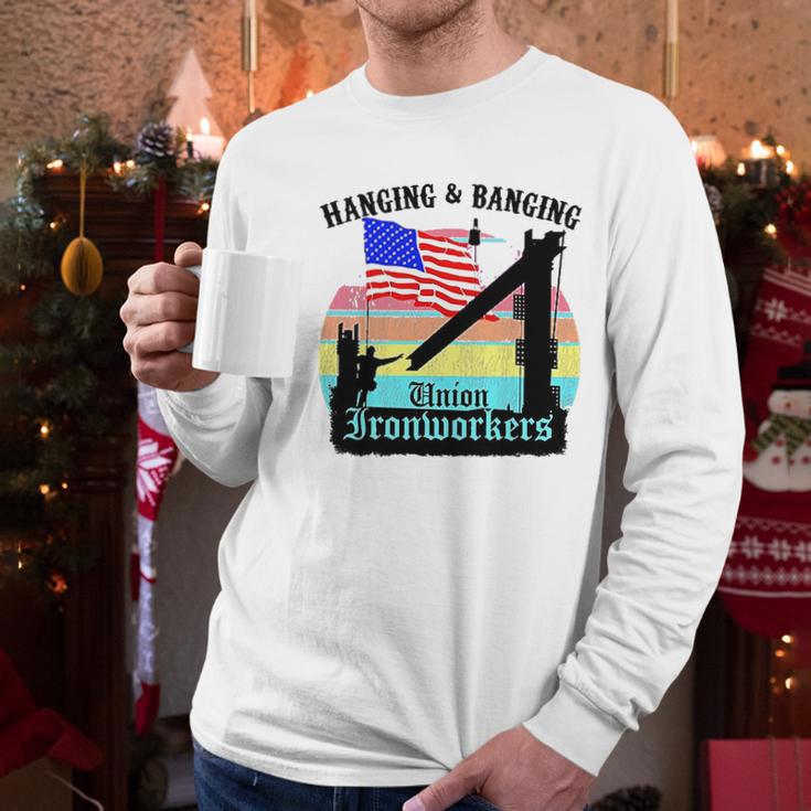 Union Ironworkers Hanging & Banging American Flag Men Long Sleeve Tshirt