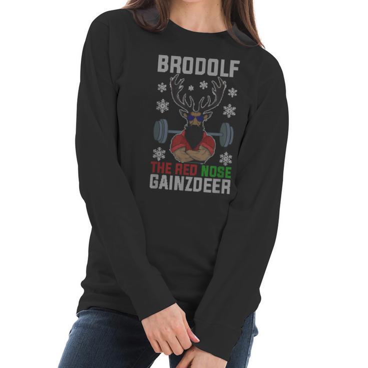 Brodolf The Red Nose Gainzdeer Gym Ugly Christmas Women Long Sleeve Tshirt