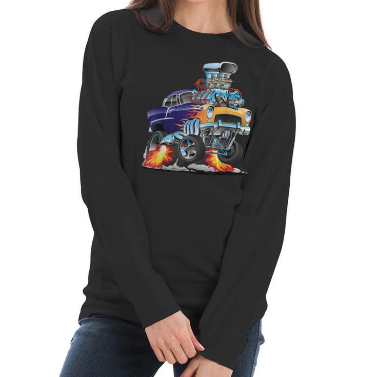 Classic Funny Fifties Muscle Car Hot Rod Dragster Cartoon Women Long Sleeve Tshirt