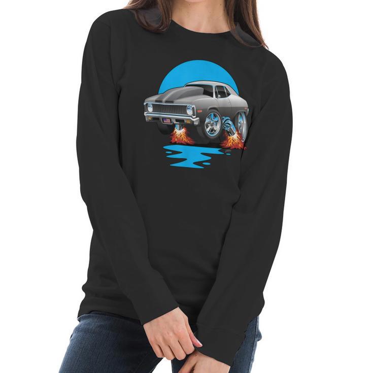 Classic Seventies Muscle Car Funny Dragster Hot Rod Cartoon Women Long Sleeve Tshirt