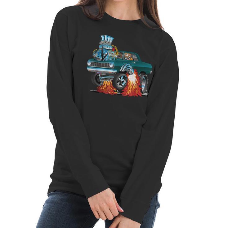 Classic Sixties Muscle Car Funny Dragster Hot Rod Cartoon  V4 Women Long Sleeve Tshirt