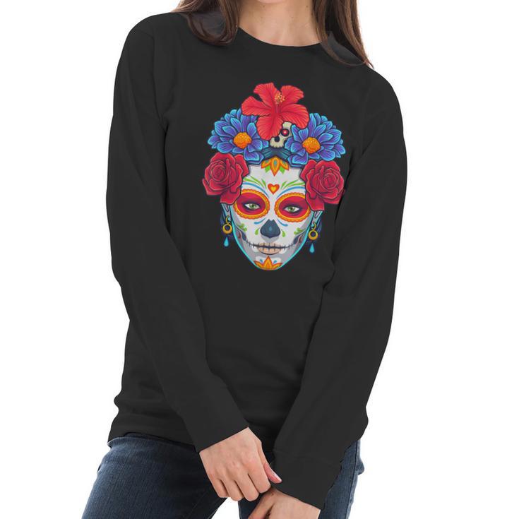 Floral Sugar Skull Day Of The Dead Dia De Muertos Women Women Long Sleeve Tshirt