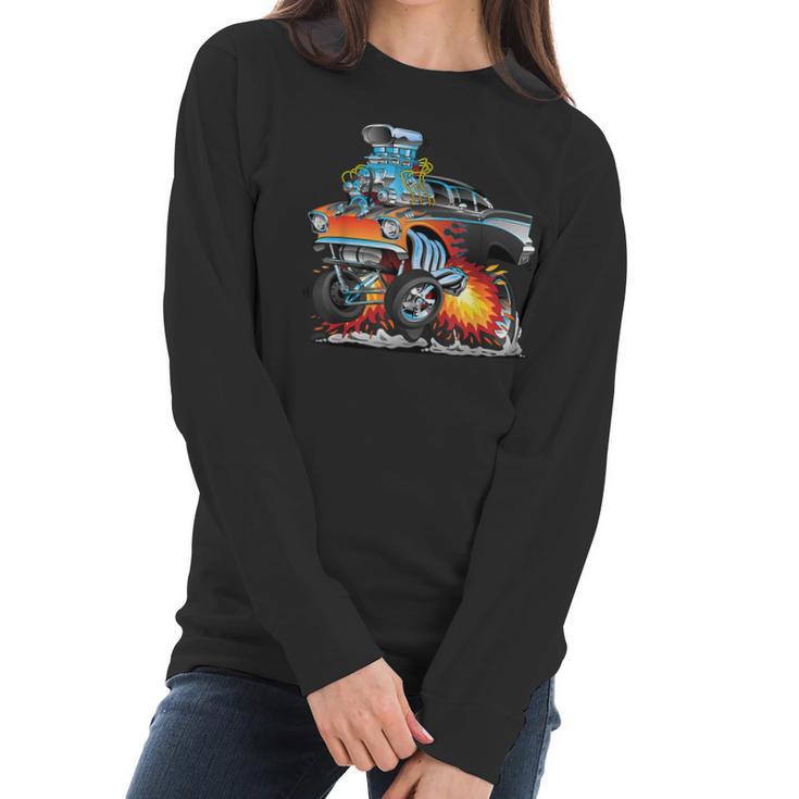 Funny Classic Hot Rod Fifties Drag Racing Muscle Car Cartoon Women Long Sleeve Tshirt