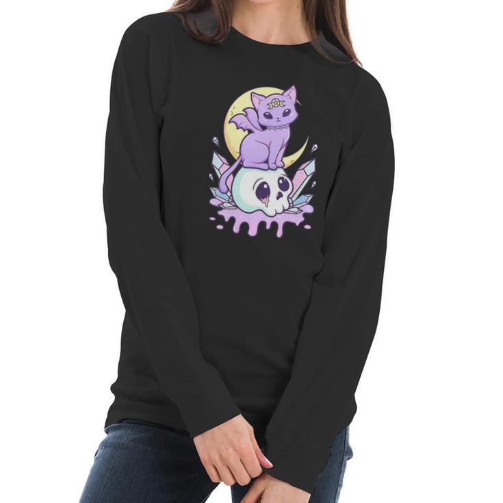 Womens Kawaii Pastel Goth Cute Creepy Witchy Cat And Skull V-Neck Women Long Sleeve Tshirt