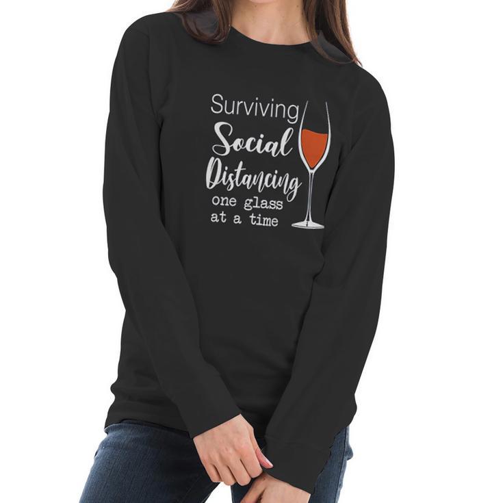 Lucoin Wine Surviving Social Distancing One Glass At A Time Women Long Sleeve Tshirt