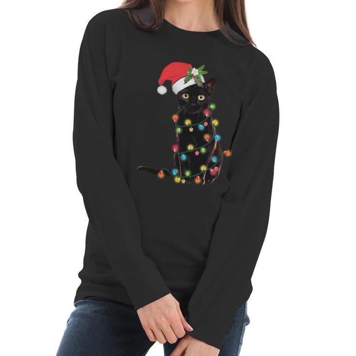 Santa Black Cat Tangled Up In Christmas Tree Lights Holiday Long Sleeve Tshirt Women Long Sleeve Tshirt