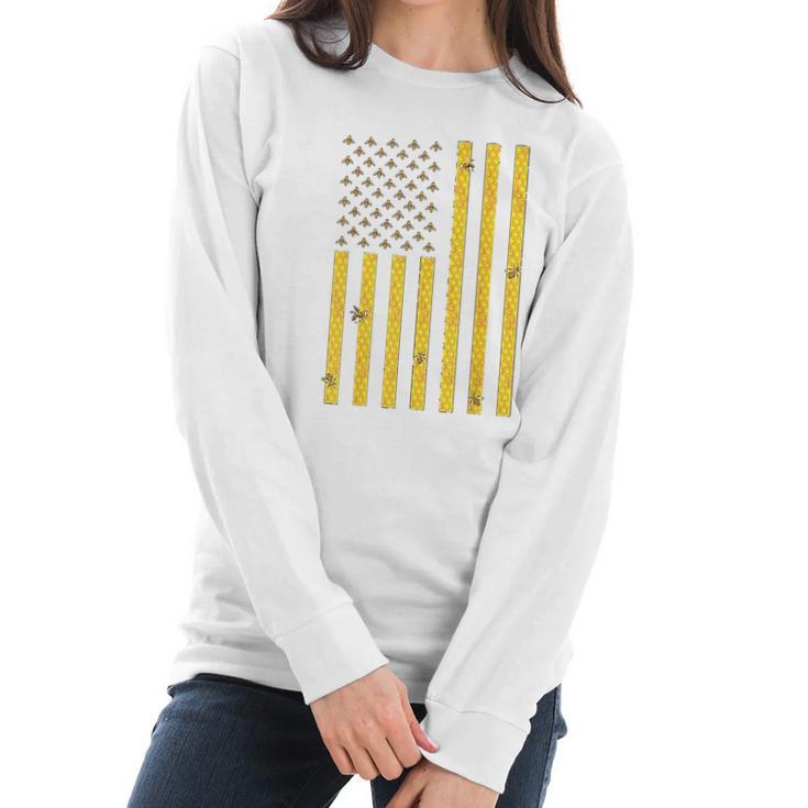 American Flag Honeycomb Honey Bee Women Long Sleeve Tshirt