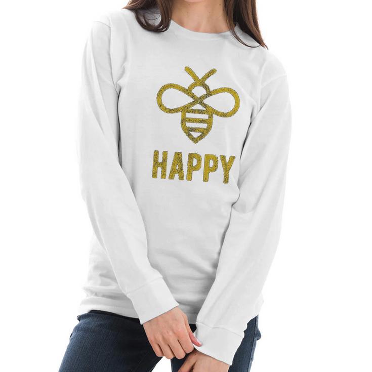 Bee Happy  Funny Vintage Graphic Honey Bumblebee Women Long Sleeve Tshirt