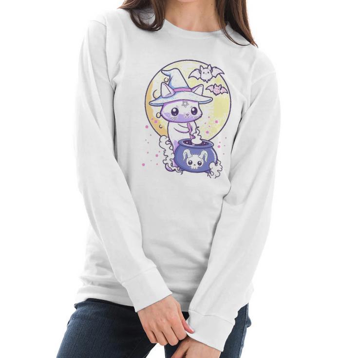 Womens Kawaii Pastel Goth Cute Creepy Witch Cat Wicca V-Neck Women Long Sleeve Tshirt