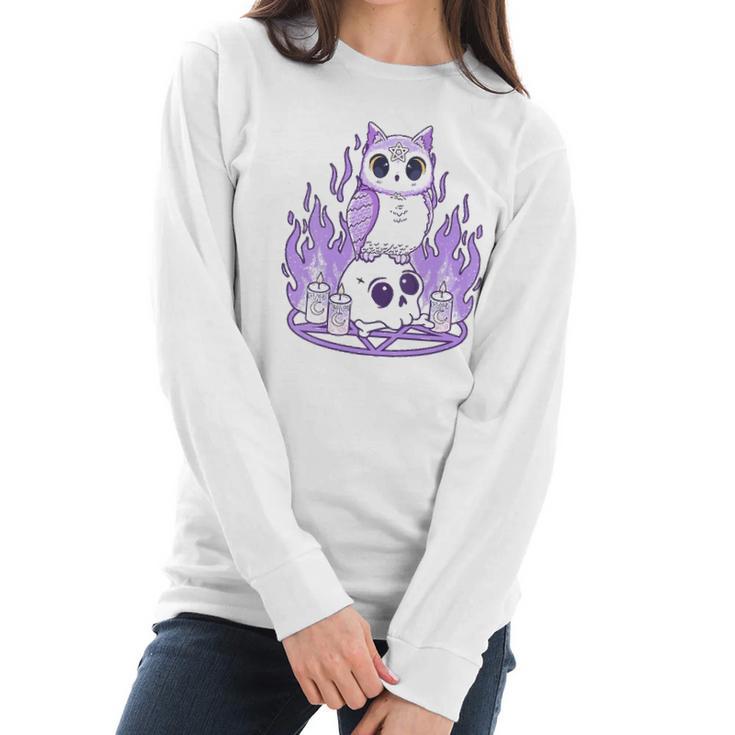 Womens Kawaii Pastel Goth I Cute Creepy Witchy Owl And Skull Women Long Sleeve Tshirt