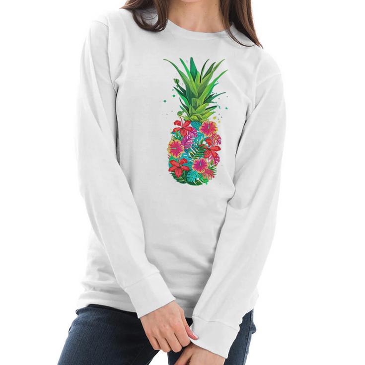 Pineapple Flowers Aloha Hawaii Vintage Hawaiian Women Long Sleeve Tshirt