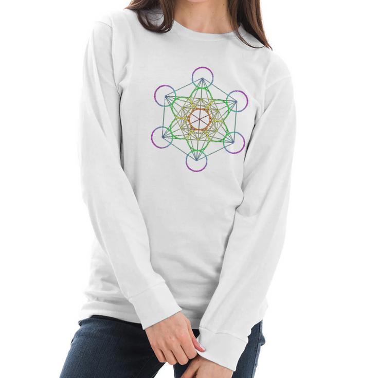 Rainbow Metatrons Cube Sacred Geometry Women Long Sleeve Tshirt