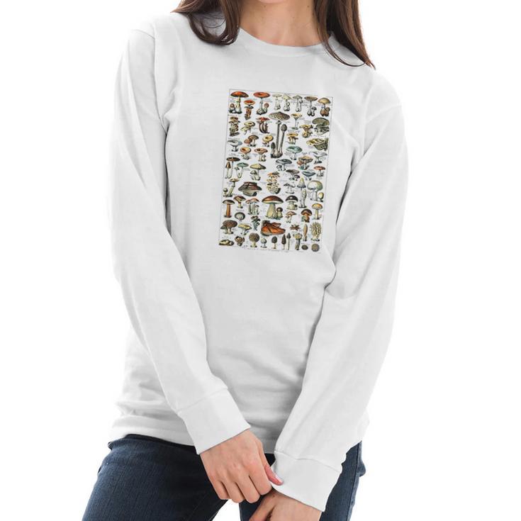 Vintage Mushrooms Chart Illustration Shroom Morel Hunter Women Long Sleeve Tshirt