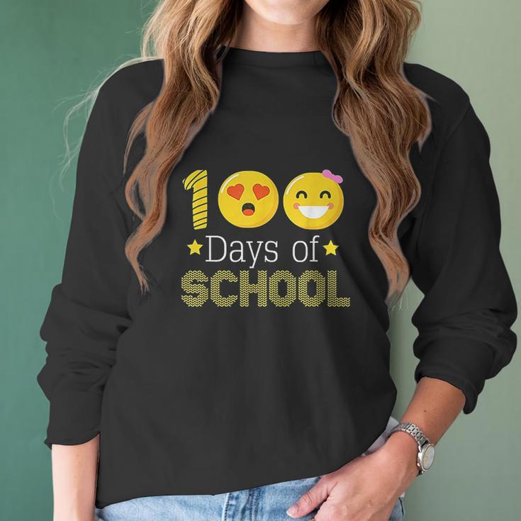 100Th Days Of School Kindergarten Teacher Emoji Women Long Sleeve Tshirt