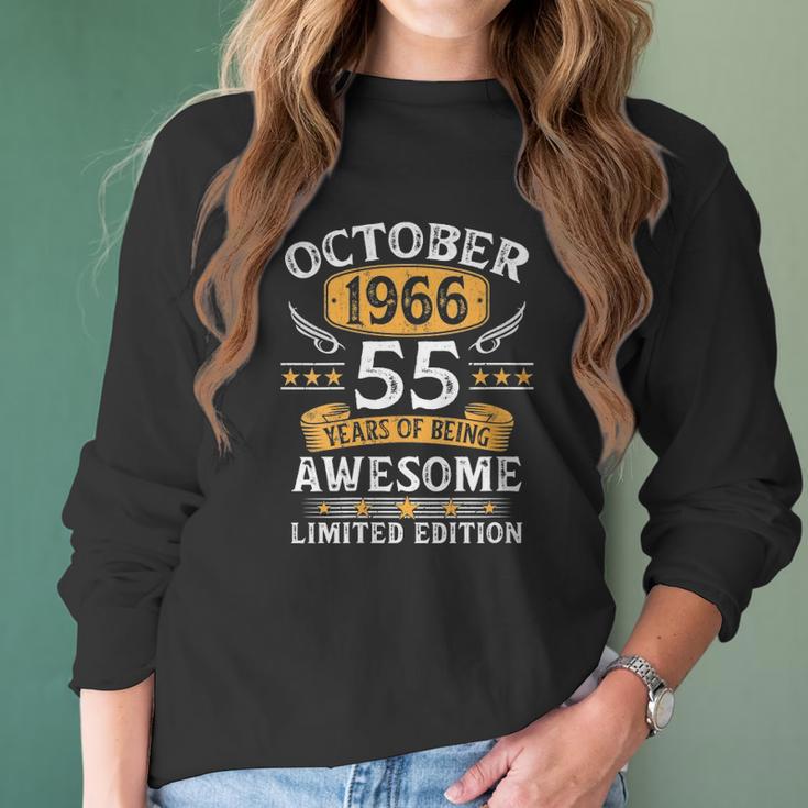 Womens 55 Years Old Birthday Vintage October 1966 Limited Edition V-Neck Women Long Sleeve Tshirt