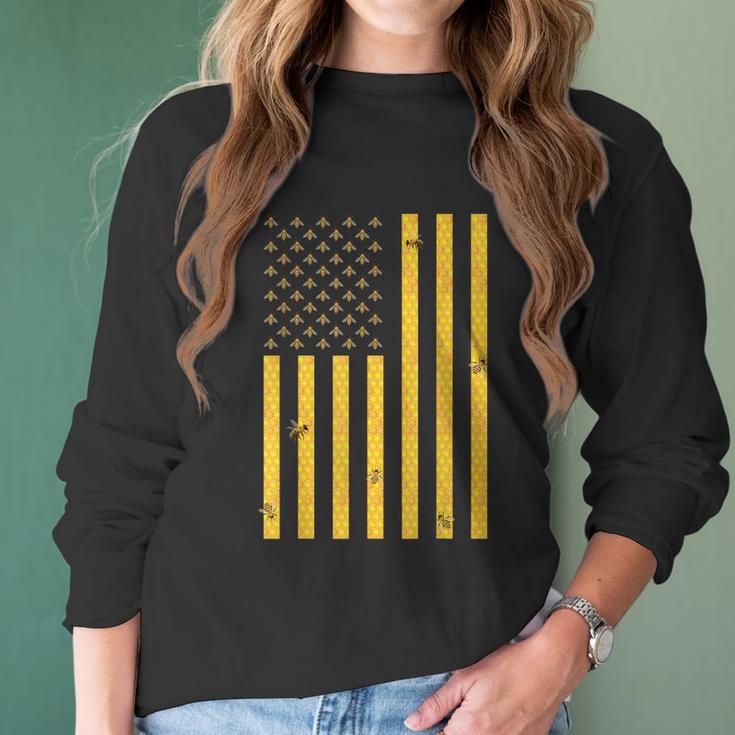 American Flag Honeycomb Honey Bee Beekeeping Beekeeper Women Long Sleeve Tshirt