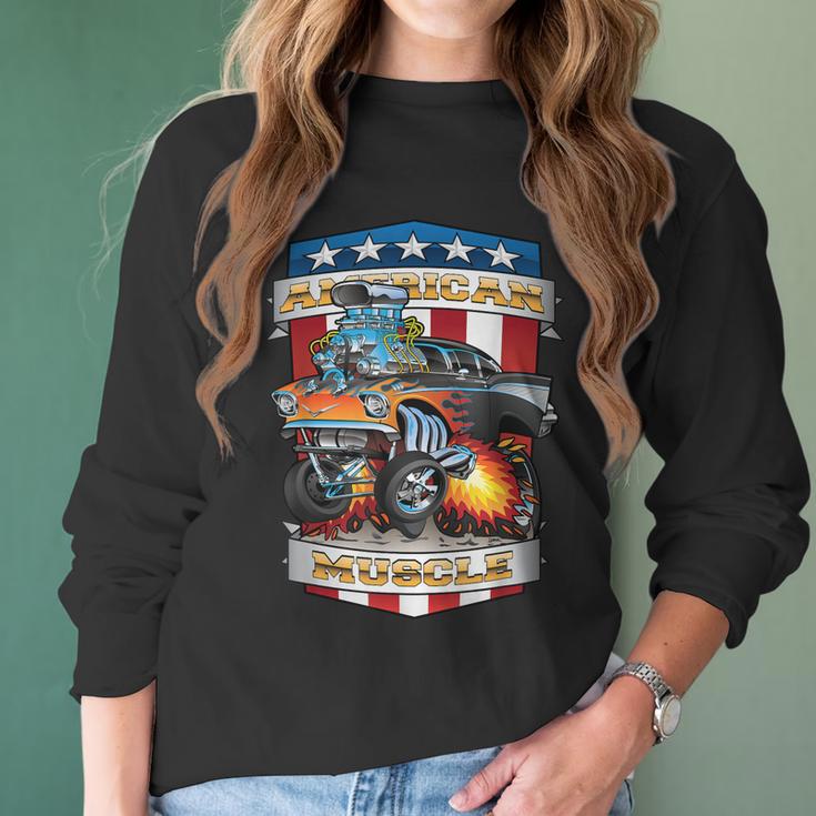 American Pride Classic Fifties Muscle Car Hot Rod Cartoon Women Long Sleeve Tshirt