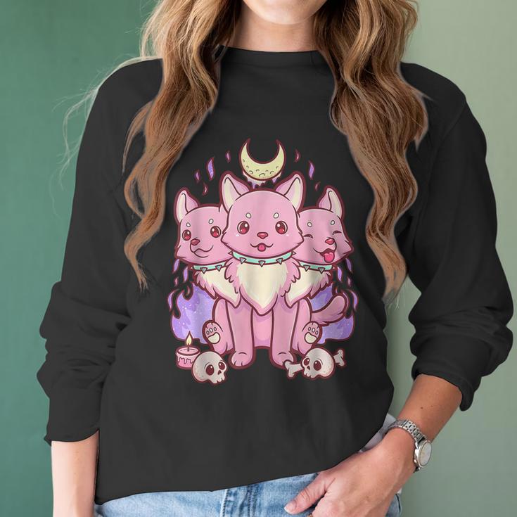 Anime Kawaii Pastel Goth Cute Creepy 3 Headed Dog Men Women T-Shirt Graphic Print Casual Unisex Tee Women Long Sleeve Tshirt