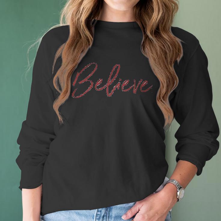 Apparel Kids Believe Christmas Red Raglan Women Long Sleeve Tshirt