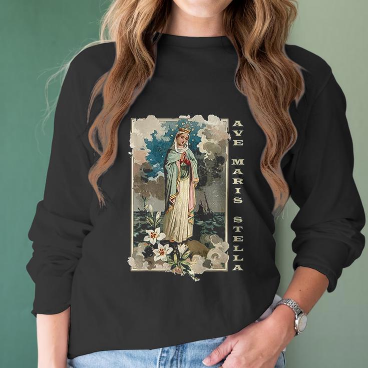 Ave Maris Stella Lady Blessed Mother Mary Latin Women Long Sleeve Tshirt