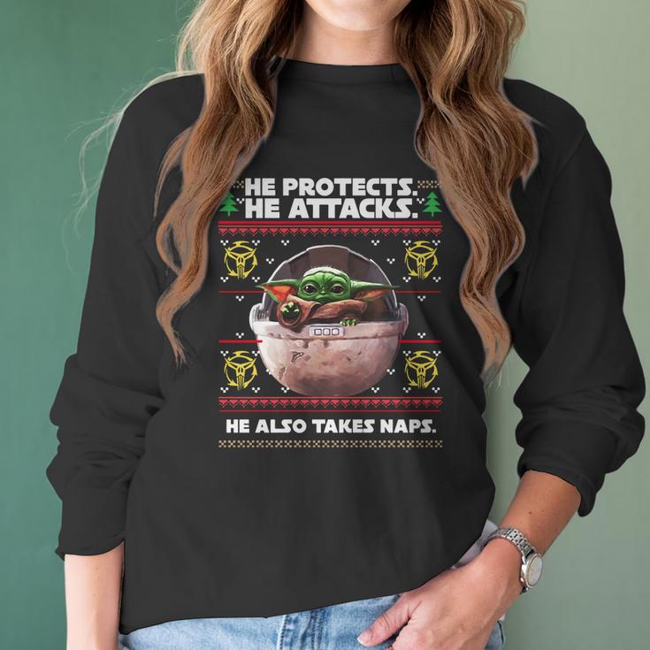 Baby Yoda He Protects He Attacks He Also Takes Naps Christmas Sweater Women Long Sleeve Tshirt