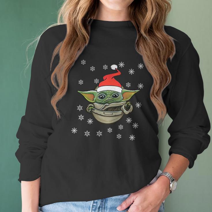 Baby Yoda Snow Merry Christmas The Mandalorian Shirt Women Long Sleeve Tshirt