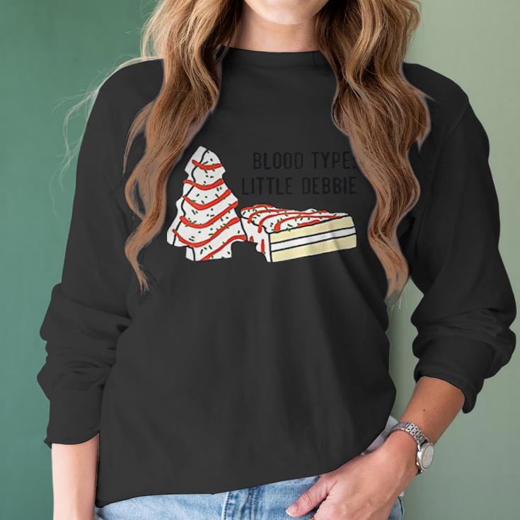 Womens Blood Type Little Debbie Inspired Christmas Tree Snack Cake Women Long Sleeve Tshirt