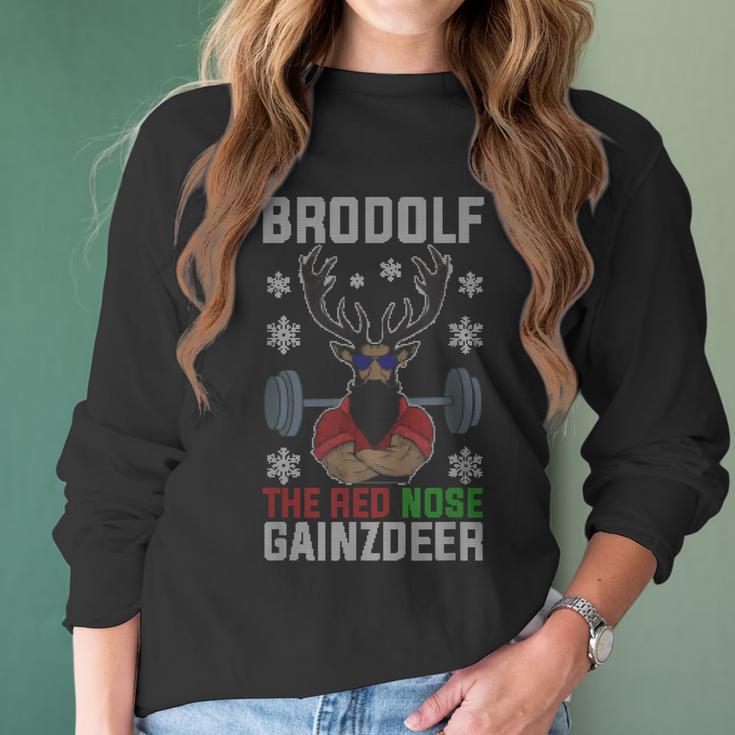 Brodolf The Red Nose Gainzdeer Gym Ugly Christmas Women Long Sleeve Tshirt