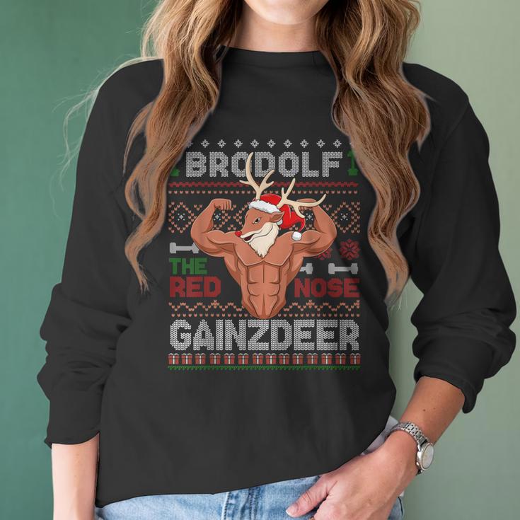 Brodolf The Red Nose Gainzdeer Gym Ugly Christmas Sweater Women Long Sleeve Tshirt