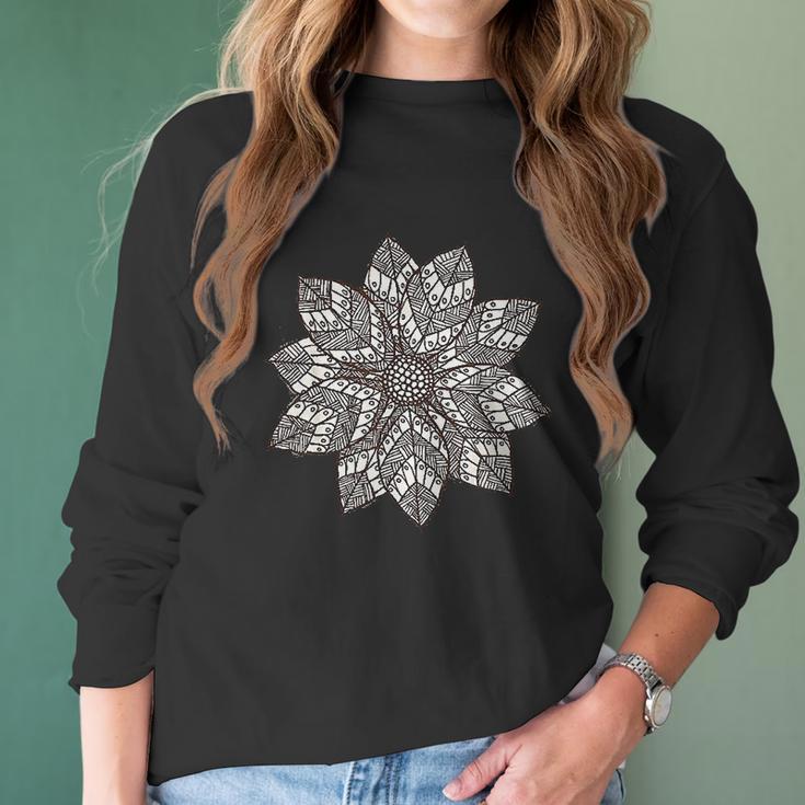 Brown & White Mandala Flower Yoga Sacred Mantra Geometry Women Long Sleeve Tshirt