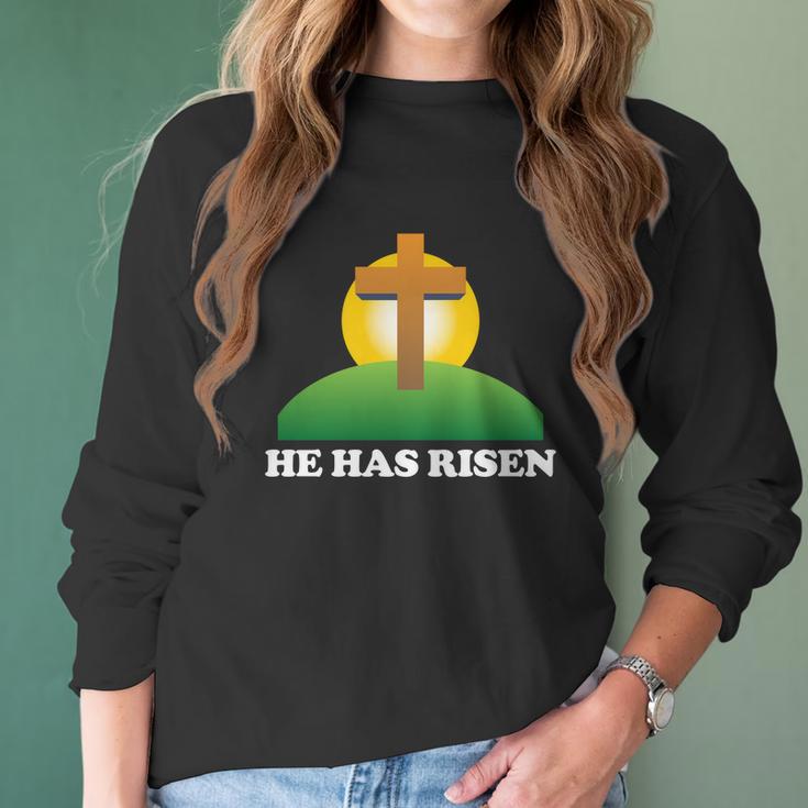 Christian Easter He Has Risen Christianity Cross Women Long Sleeve Tshirt