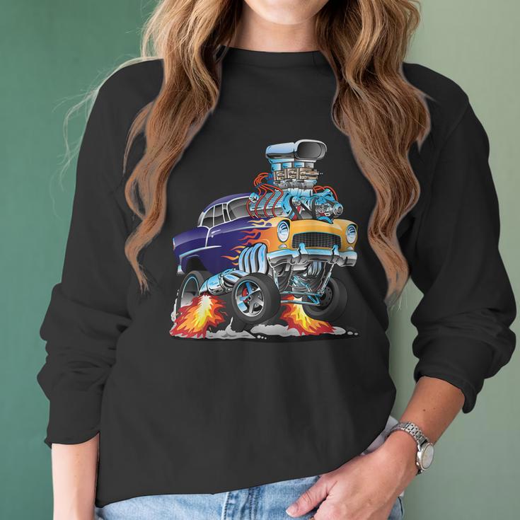 Classic Funny Fifties Muscle Car Hot Rod Dragster Cartoon Women Long Sleeve Tshirt