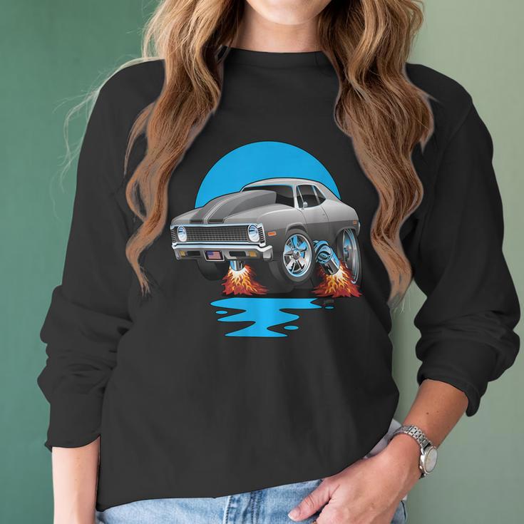 Classic Seventies Muscle Car Funny Dragster Hot Rod Cartoon Women Long Sleeve Tshirt