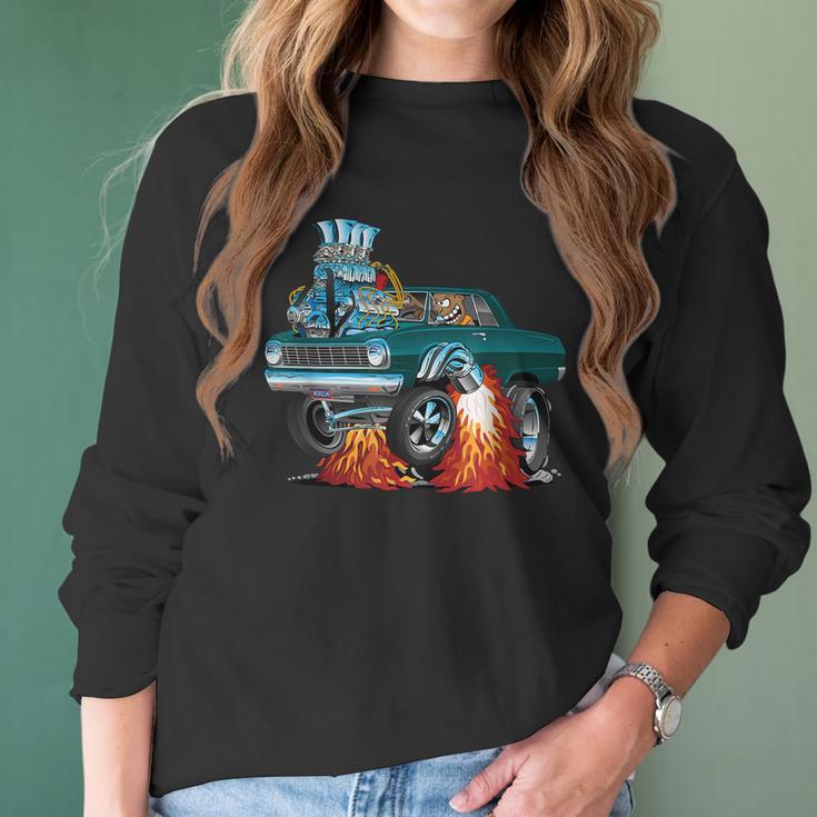 Classic Sixties Muscle Car Funny Dragster Hot Rod Cartoon V4 Women Long Sleeve Tshirt