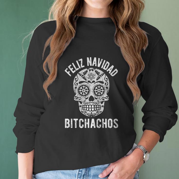 Crazy Dog Womens Feliz Navidad Bitchachos Women Long Sleeve Tshirt