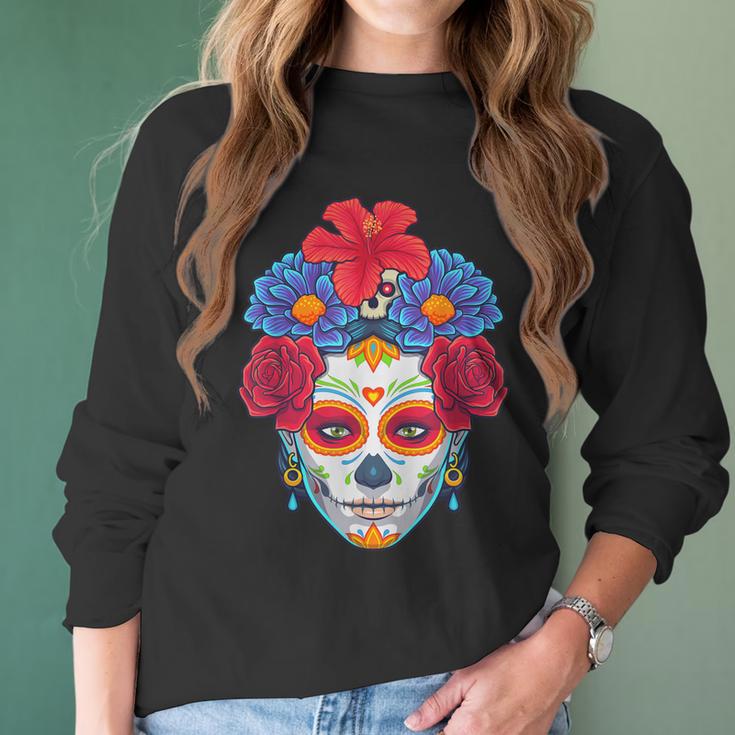 Floral Sugar Skull Day Of The Dead Dia De Muertos Women Women Long Sleeve Tshirt