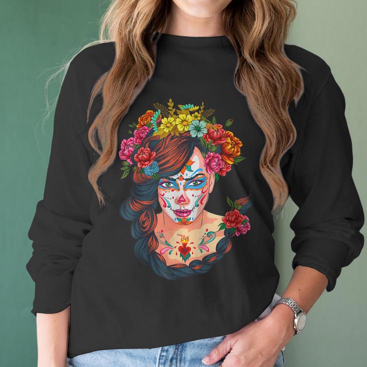 Flowers Sugar Skull Day Of The Dead Dia De Muertos Womens Women Long Sleeve Tshirt