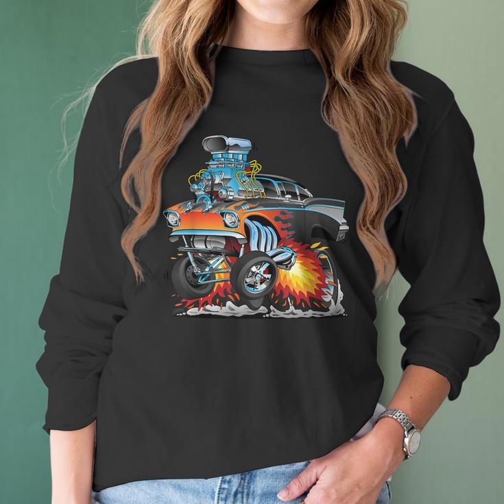 Funny Classic Hot Rod Fifties Drag Racing Muscle Car Cartoon Women Long Sleeve Tshirt