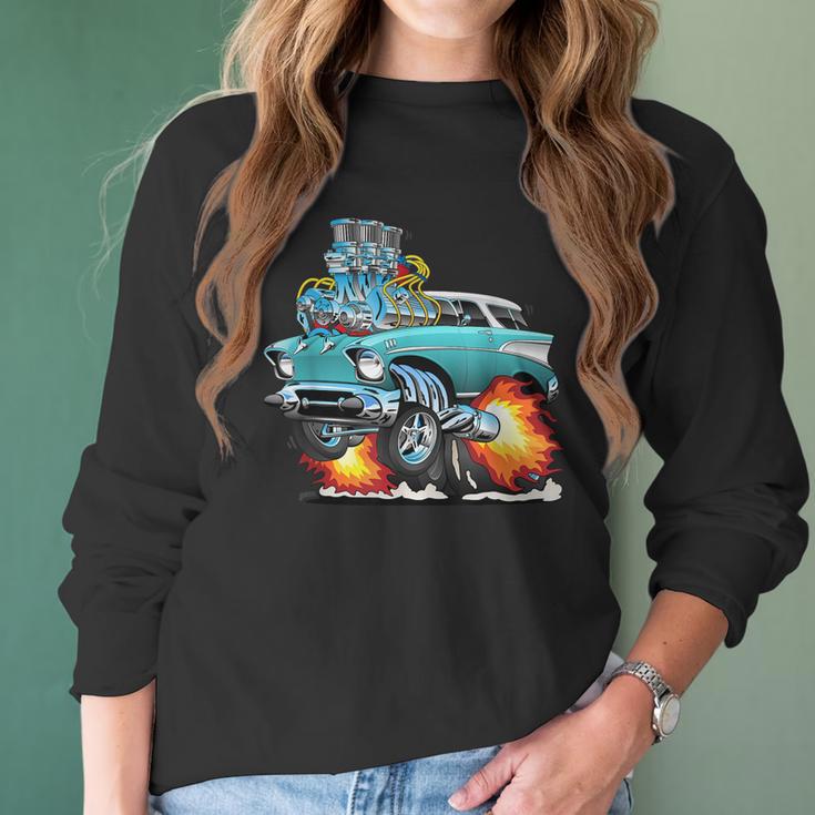 Funny Fifties Style Muscle Car Hot Rod Station Wagon Cartoon Women Long Sleeve Tshirt