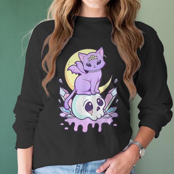 Funny Kawaii Pastel Goth Cute Creepy Witchy Cat And Skull Men Women T-Shirt Graphic Print Casual Unisex Tee Women Long Sleeve Tshirt