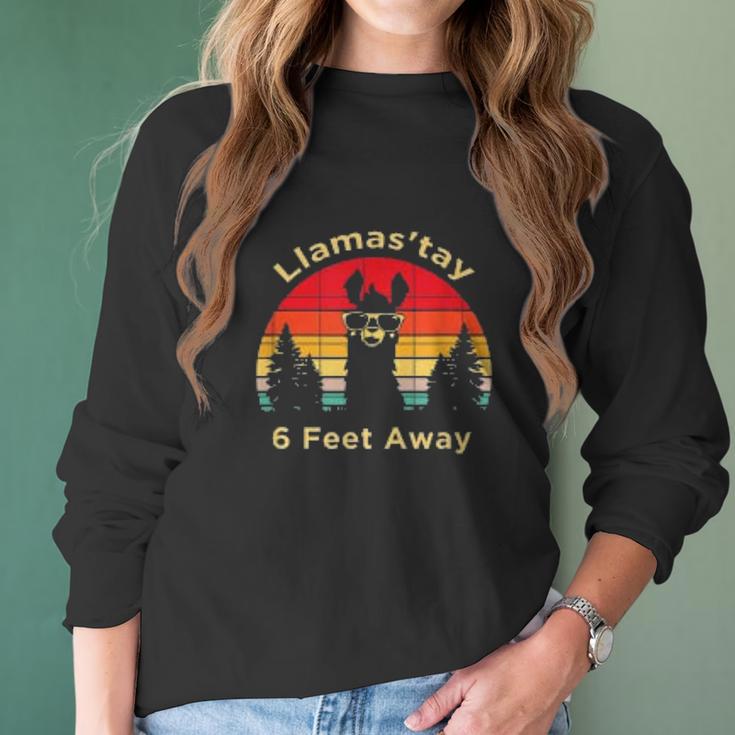 Funny Social Distancing Llama Retro Yoga Gift Women Long Sleeve Tshirt