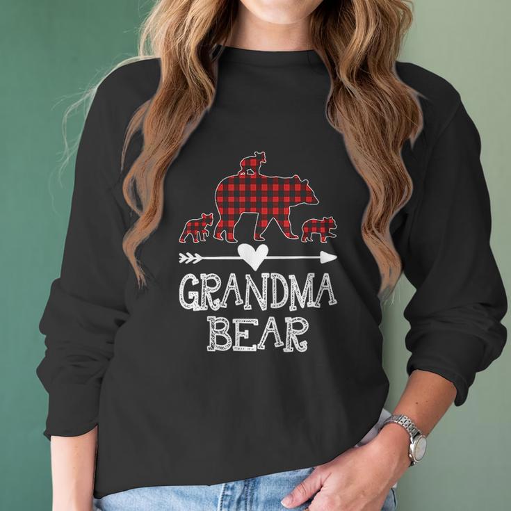 Grandma Bear Three Cubs Red Plaid Grandma Christmas Women Long Sleeve Tshirt