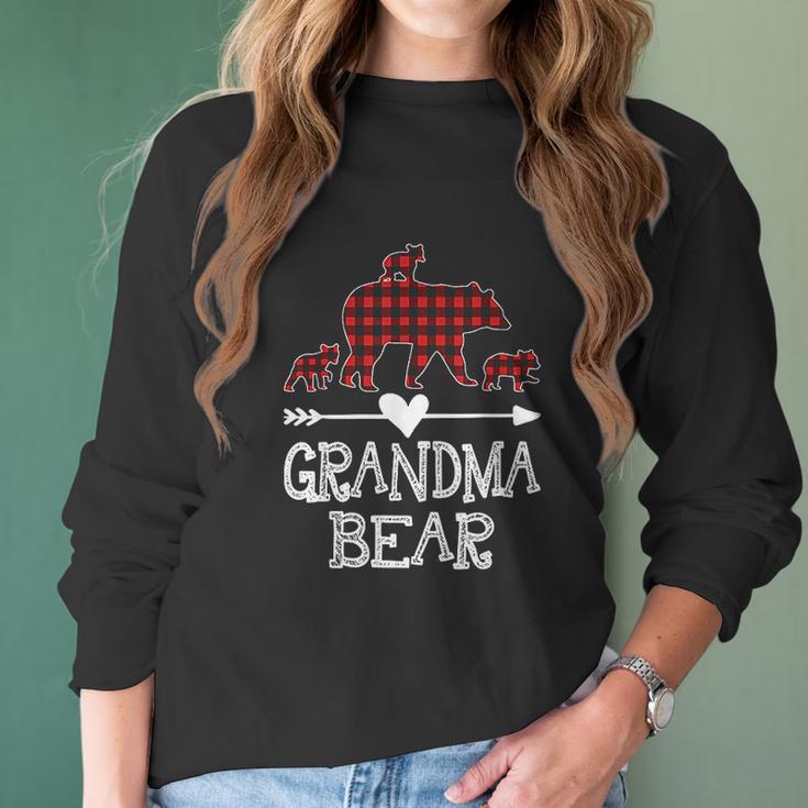 Grandma Bear Three Cubs Red Plaid Grandma Christmas Pajama Women Long Sleeve Tshirt