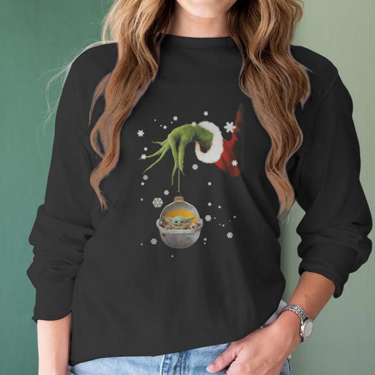 Grinch Hand Holding Baby Yoda Star Wars Christmas Shirt Women Long Sleeve Tshirt