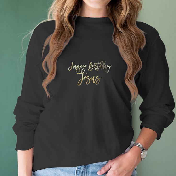 Happy Birthday Jesus Faux Gold Christmas For Her Women Long Sleeve Tshirt