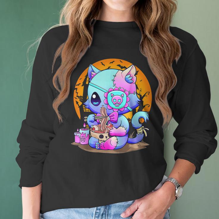 Kawaii Creepy Cat Eating Ramen Noodles Pastel Goth Halloween Men Women T-Shirt Graphic Print Casual Unisex Tee Women Long Sleeve Tshirt