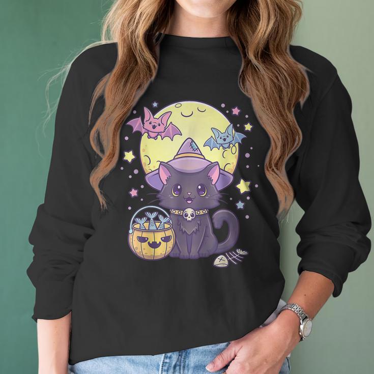 Kawaii Pastel Goth Cute Creepy Halloween Black Cat Witch Hat Men Women T-Shirt Graphic Print Casual Unisex Tee Women Long Sleeve Tshirt