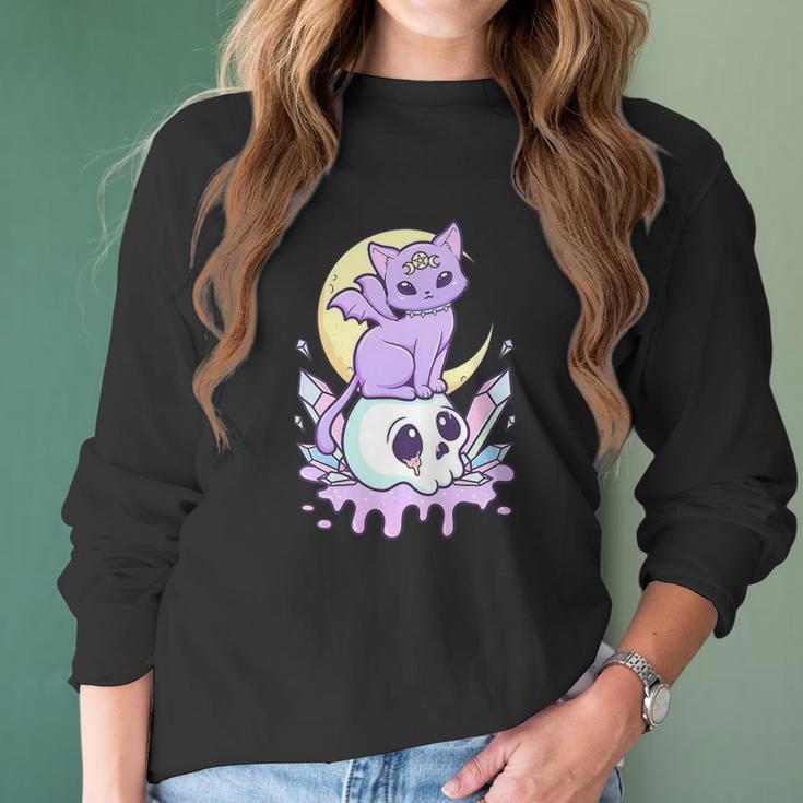 Womens Kawaii Pastel Goth Cute Creepy Witchy Cat And Skull V-Neck Women Long Sleeve Tshirt