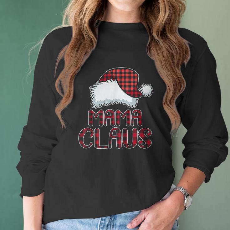 Mama Claus Santa Hat Red Buffalo Plaid Christmas Women Long Sleeve Tshirt