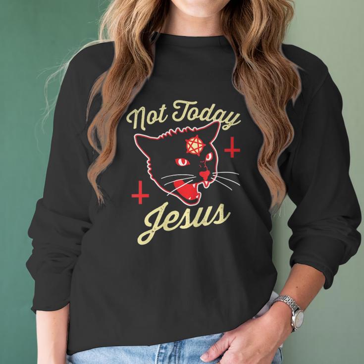 Womens Not Today Jesus Hail Satan Satanic Cat Death Metal Halloween V-Neck Women Long Sleeve Tshirt